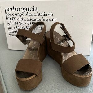 Dark khaki suede Pedro Garcia wedge worn twice size 6.5